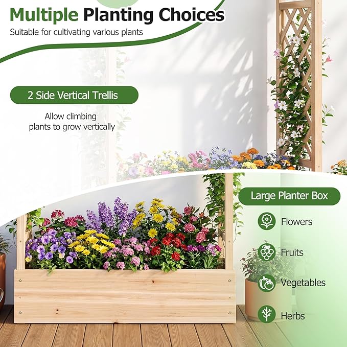 HAPPYGRILL Raised Garden Bed with Trellis &amp Hanging Roof 45 Tall Wooden Planter Box with Drainage Holes Outdoor Wood Elevated Garden Bed for Climbing Plants Vines Vegetables Flowers (Natural1)