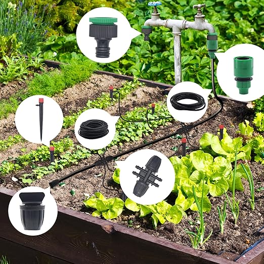 82FT Drip Irrigation System Automatic Micro Drip Kit with 1/2 and 1/4 inch Irrigation Tubing Hose Adjustable Nozzle Sparkle Garden Watering System for Flower Potted Plants Vegetable Greenhouse