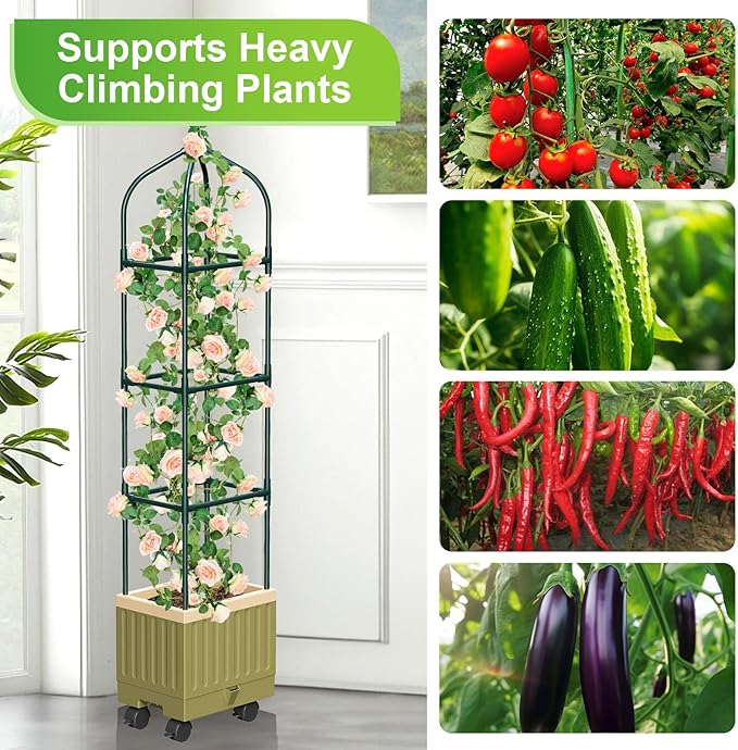 Raised Garden Bed Planter Box with Trellis 71 Self-Watering Tomato Planter with Wheels for Climbing Vegetable and Plants Tomato Cage Planters for Indoor Outdoor Patio Greenhouse Gardening (1Pack)