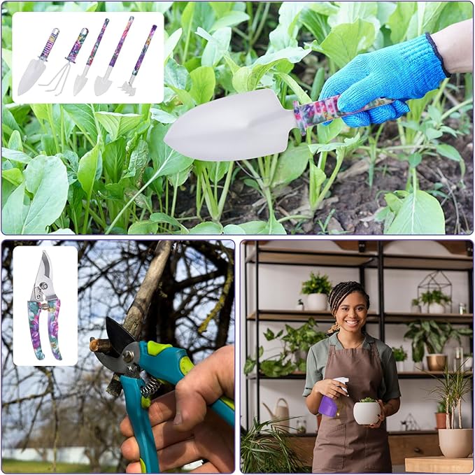 HARFINGTON 1 Set Garden Tool Set 10 Pieces Plastic Gardening Planting Tools Kits with Shovels Rake Scissor Trimmer Water Sprayer and Store Case Purple