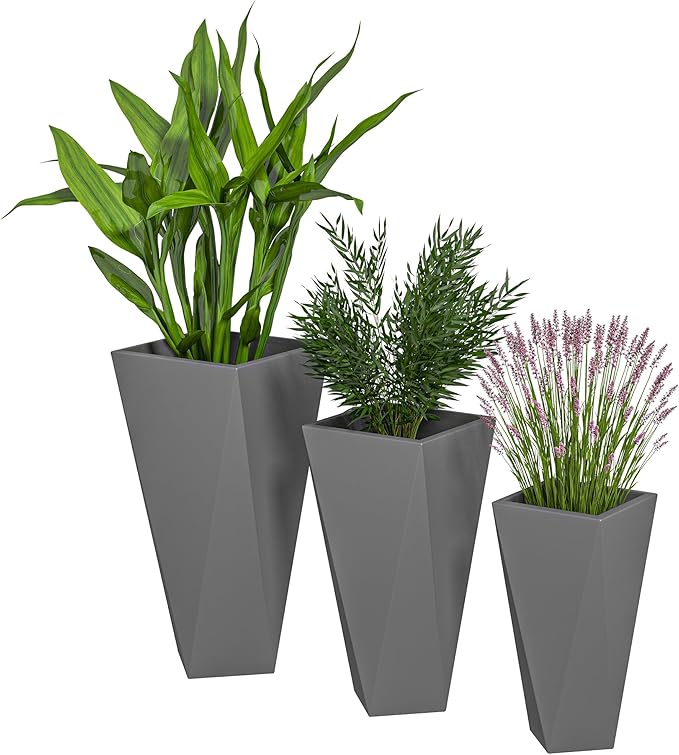 Set of 3 Tall 28.75 24.5 20.5 Indoor Outdoor with Drainage Holes Stackable Flower Pots for Garden Patio Balcony Front Door Gray
