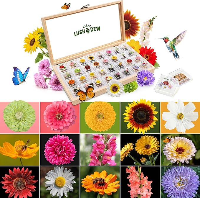 Lush&ampDew Cut Flower Seed Bank Gardening Gifts for Mom Women 32 Varieties Non-GMO Annual &amp Perennial Wildflower Seeds for Planting in Raised Garden Bed Home Garden Zinnia Sunflower Zone 3-1