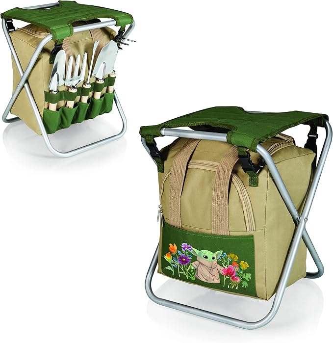 Picnic TIME Star Wars The Mandalorian Grogu Gardener Folding Seat with Tools 5 Piece Garden Tool Set with Folding Stool and Detachable Tote Organizer (Olive Green with Beige Accents)