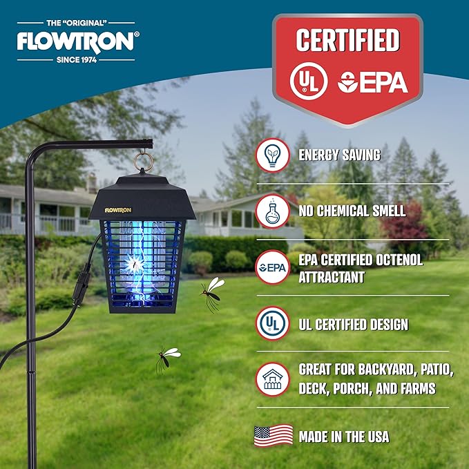 Flowtron Electric Bug Zapper 1/2 Acre Outdoor Insect Control with Dual Lure Method 15W UV Light &amp Octenol Attractant for Fly &amp Mosquito 5600V Kill Grid Made in USA UL Certified