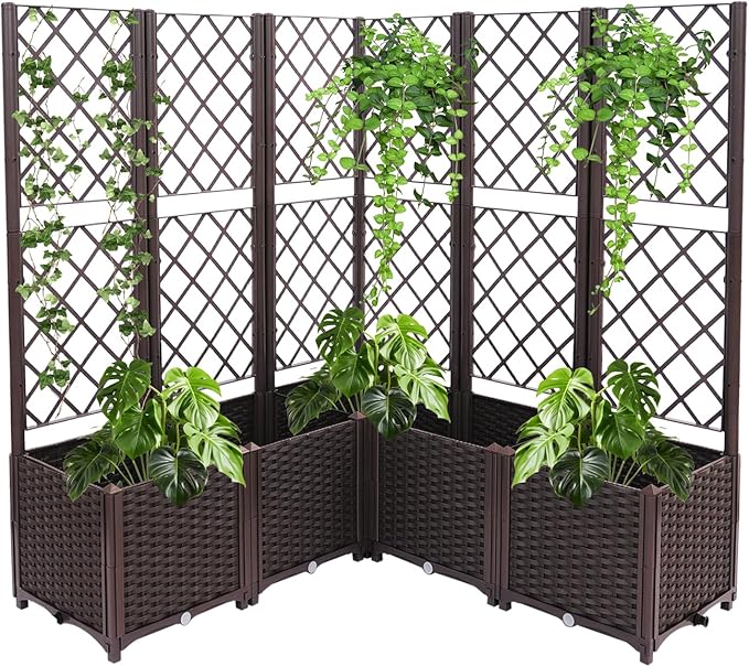 5 PCS Plastic Plant Sturdy Raised Garden Bed with Trellis 56 H Horticulture Outdoor Raised Box Privacy Screen for Patio Balcony Garden Planter Box for Backyard Patio (Brown)