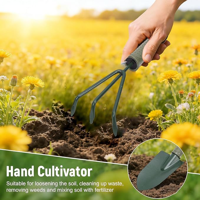 Premium Iron Garden Tool SetY001 with Ergonomic Handle Wide and Narrow Shovel 3 Prong Rake and Storage Bag for Gardening Suitable for Weeding Digging Transplanting Planting