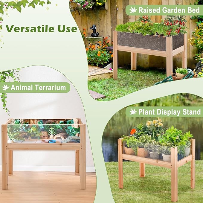 HAPPYGRILL Raised Garden Bed with Legs 24” Elevated Planter Box with 2 Acrylic Panel Sides Drain Holes Movable Beds Plant Terrarium w/Stand Planter Raised Beds for Vegetables Fruits Herbs