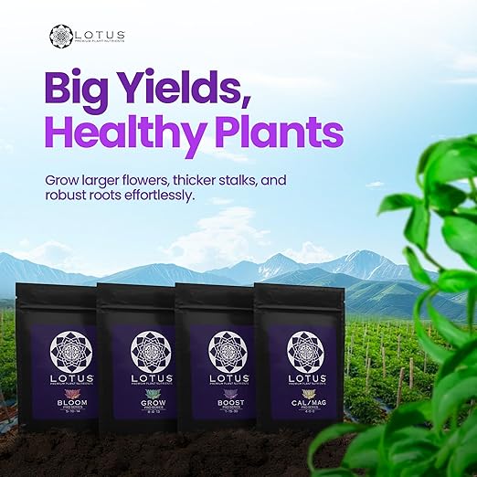 Lotus Nutrients Intro Pack - 4-Part Sample Kit with Grow Bloom Boost &amp Cal/Mag - Powdered Plant Nutrients for Hydroponics Coco Coir &amp Soil - Trial Size for Indoor &amp Outdoor Growers
