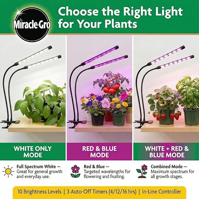 Miracle-Gro Grow Light for Indoor Plants - 10W LED Flexible 2-Head Selectable Spectrum for Indoor Plants Seeds Herbs Flowers Plug-in Anywhere for Any Plant