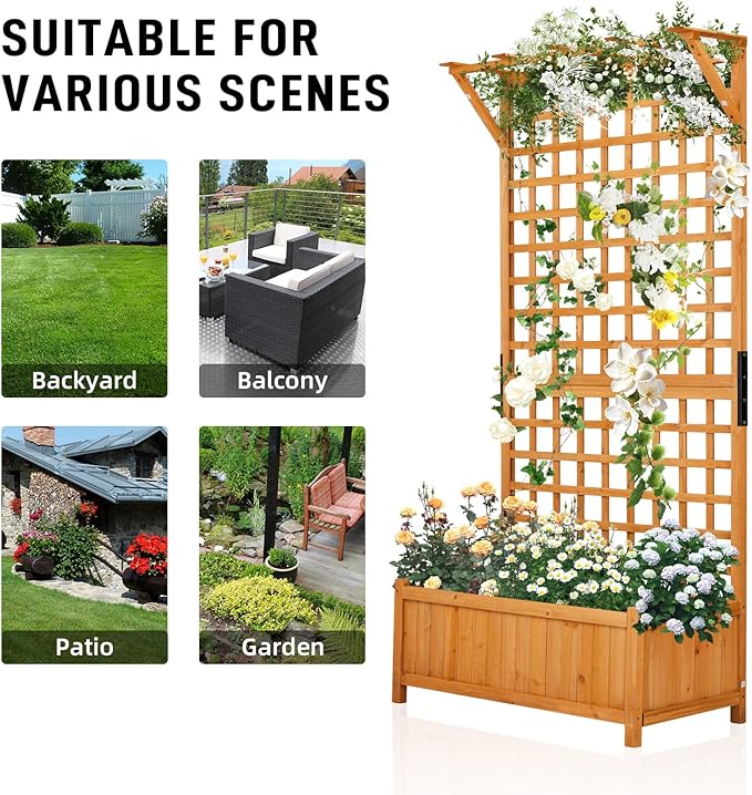 Outvita 72 H Outdoor Raised Garden Bed with Trellis &amp Roof Wood Planter Box Equipped with Drainage for Vine Climbing Plants and Flowers Herbs in Balcony Garden Patio(Orange)