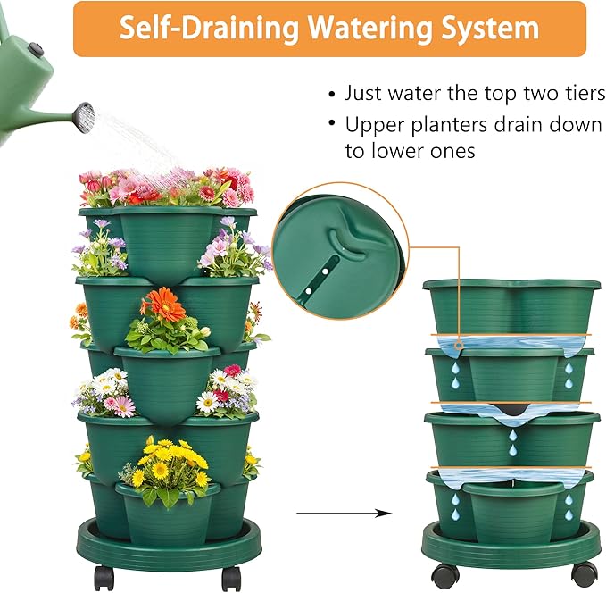 VECELO 5 Tier Vertical Garden Planter Self Watering Stackable Planters with Wheels for Strawberries Herbs Flowers Vegetables Dark Green