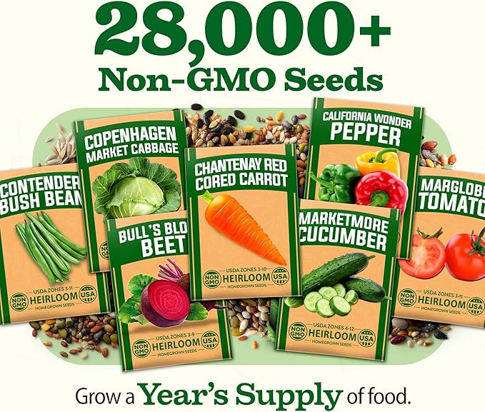 HOME GROWN 55 Vegetable Seeds Pack 28000+ Non-GMO Heirloom Seeds for Planting Vegetables Survival Seed Vault Garden Kit for Spring Fall Winter Gift for Gardeners