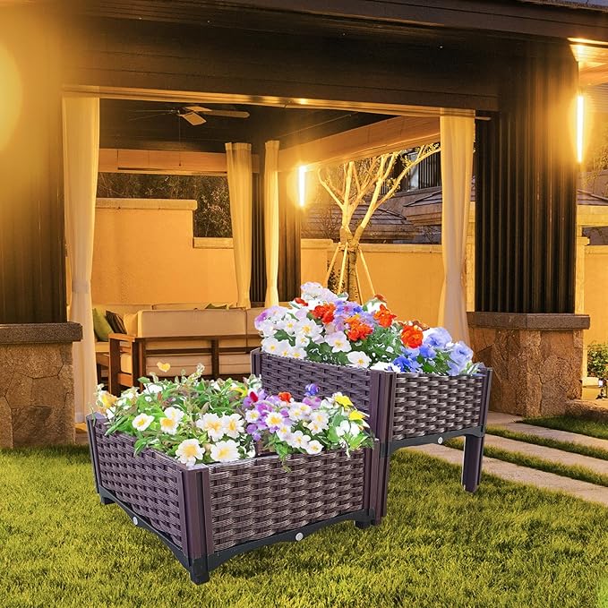Plastic Raised Garden Bed Set of 2 Planter Grow Boxes 14.5 H Elevated Garden Boxes for Indoor &amp Outdoor Patio Vegetable Fruit Flower Herb