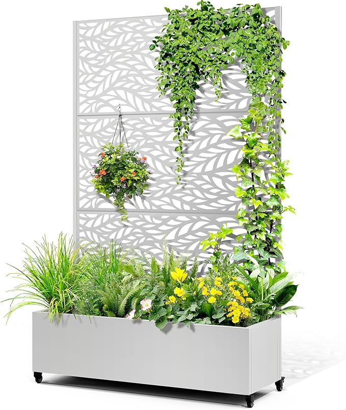 Metal Raised Garden Bed with Trellis 2-in-1 Planter Box &amp Privacy Screen for Climbing Plants Outdoor Standing Flower Bed with Drainage Holes 47.2 L x 16.7 W x 70.8 H White-Spring