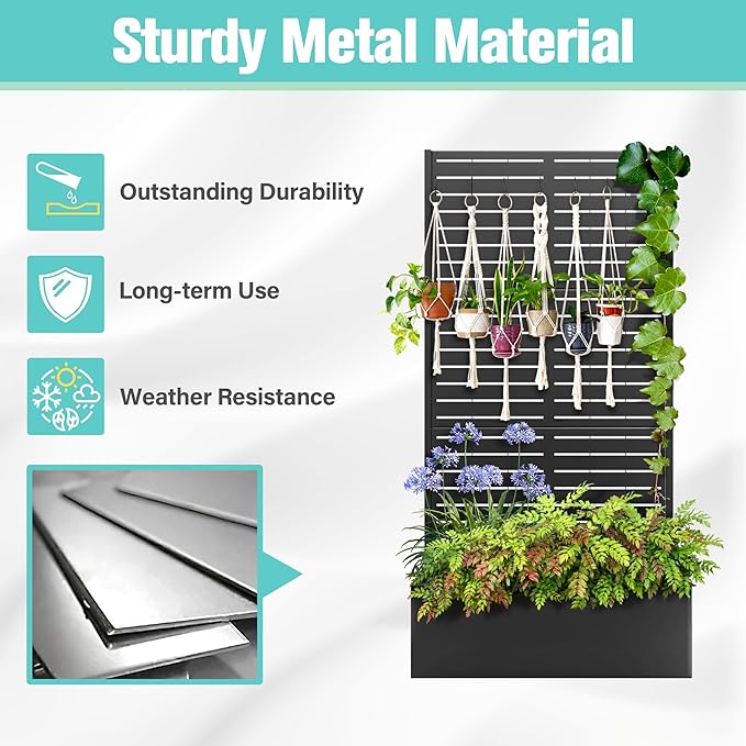 71x35x16 Metal Planter Box with Trellis Raised Garden Bed Trellis with Planter Box &amp Privacy Screen Outdoor Raised Garden Bed for Climbing Plants Vegetable Vines (Black Louvered)