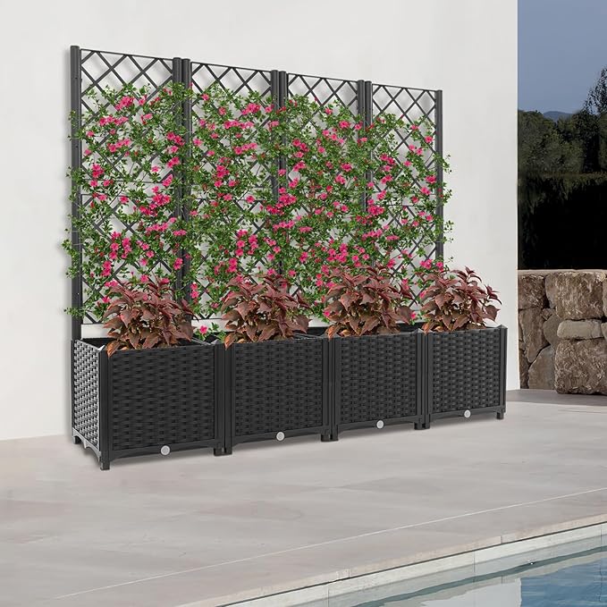 4 PCS Plant Box with Trellis Planter with Trellis Raised Garden Beds Plastic Planter Box with Trelli for Balcony Patio Backyard Privacy Screen Plant Pot for Climbing Vegetables Flower (Black)