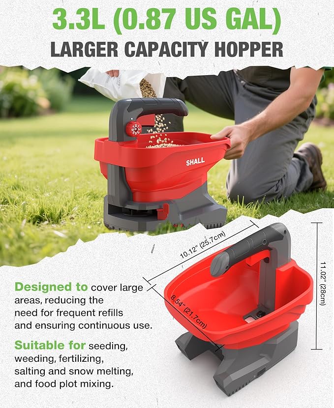 SHALL Battery Powered Fertilizer Spreader 7.2V Rechargeable Seed Spreader for Salt De-Icer Earth Food Grass Seed 8-Level Settings and 3.3L Large Capacity Spreading up to 6458 sq.ft
