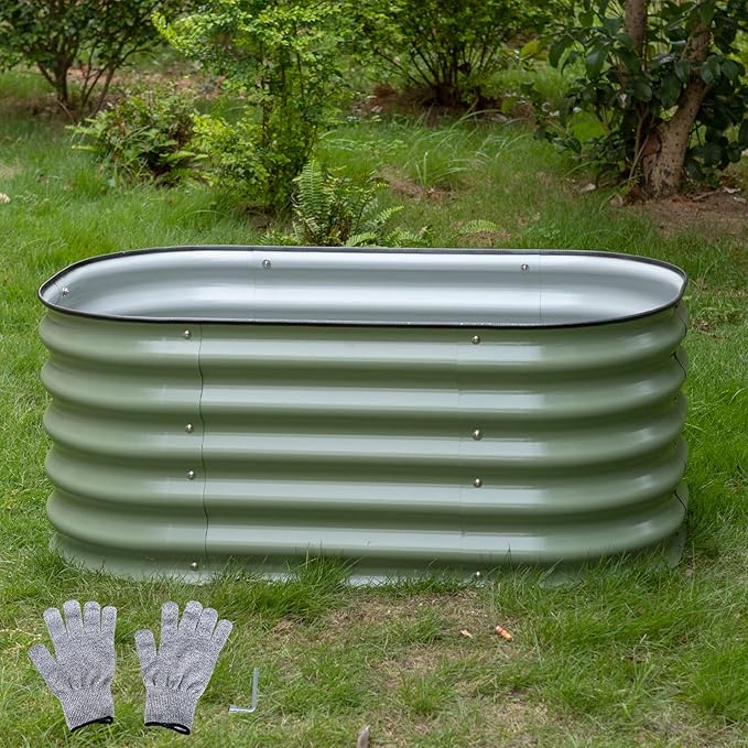 MFSTUDIO Galvanized Raised Garden Bed Kit Outdoor Planter Raised Beds Oval 17 Tall Metal Planter Box for Vegetables Flower Herbs 3.5x2x1.4FT