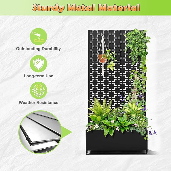 Metal Raised Garden Bed with Trellis 2-in-1 Planter Box &amp Privacy Screen for Climbing Plants Outdoor Standing Flower Bed with Drainage Holes 35.4 L x 15.7 W x 70.1 H Black-Square