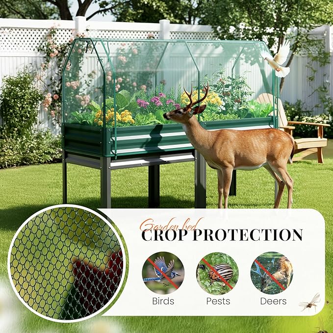 KING BIRD Large Raised Garden Bed with Netting Galvanized Elevated Planter Box with Legs 72×23×55 in for Backyard Patio Balcony 700lb Capacity Dark Grey
