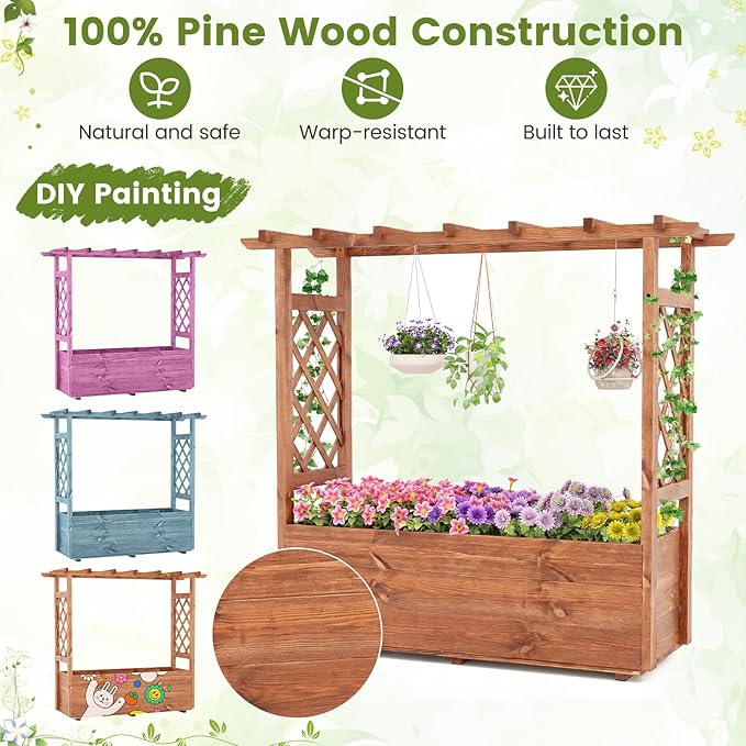 Giantex Raised Garden Bed with Sided Trellis &amp Roof Set 2 31”x16”x41” Wood Elevated Planter Box Freestanding Garden Planter Raised Bed for Flowers Herbs Climbing VinesBrown