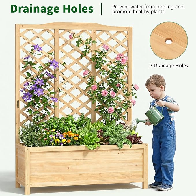 Wooden Raised Garden Bed with Trellis Freestanding Planter Box with Drainage for Vines Climbing Plants Flowers Herbs Elevated Gardening Planter for Backyard Balcony Patio