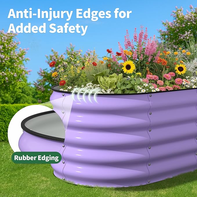 Kesfitt Raised Garden Bed Metal Galvanized Steel Oval Garden Bed 8x2x1.5 ft with 18-Inch Deep Open-Bottom Design for Outdoor Vegetable Gardening Lavender Purple