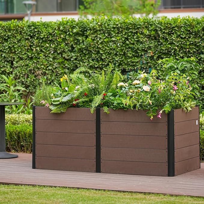 IDEALHOUSE 49x 19x 30 Raised Garden Bed Wood-Look WPC Composite Planter Box Outdoor Metal Frame with Deep Root Design Planter for Vegetables Flowers Herbs Open Bottom