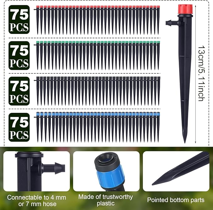 Macarrie 300 Pcs Drip Emitters for 1/4 Drip Irrigation Tubing Adjustable 360 Degree Water Flow Drippers 5.2 Inch Garden Irrigation Drippers Spray Emitters for (4-7mm) Garden Watering System