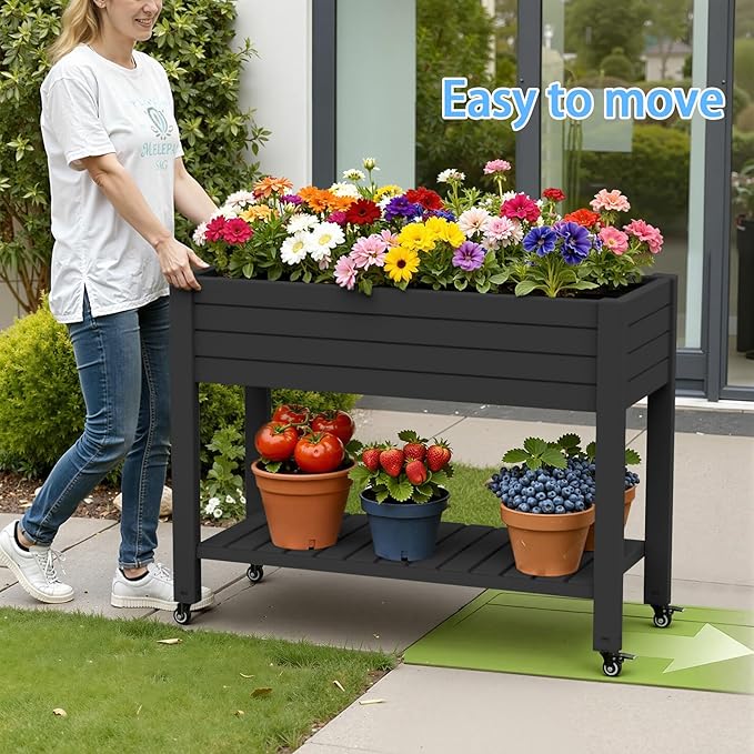 43 Elevated Garden Bed with Wheels &amp Legs 78L/21 Gal Large Raised Planter Box with Drainage &amp Water Level Indicator Mobile Herb Garden Kit for Patio &amp Balcony Black