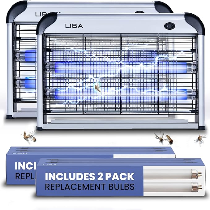 LiBa Electric Bug Zapper (2-Pack) Indoor Insect Killer - (4) Extra Replacement Bulbs - Fly Mosquito Killer and Repellent - Lightweight Powerful 2800V Grid Easy-to-Clean Removable Washable Tray.
