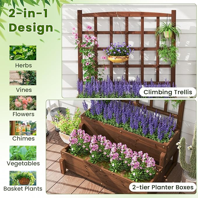 Giantex 2 Pcs Raised Garden Bed with Legs and Trellis 2-Tier Standing Planter Box with Drain Holes Outdoor Elevated Garden Trellis for Vine Climbing Flower Vegetable Fruit Herb Growing