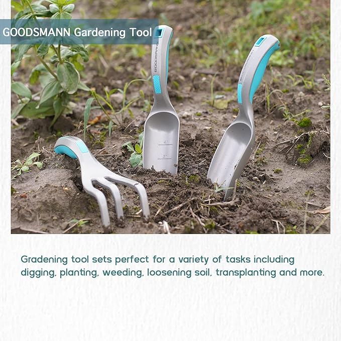 Garden Tool Set Die-cast Aluminum Gardening Hand Tools Tools 3 Piece by GOODSMANN Includes Hand Trowel Transplant Trowel Silver &amp Blue 9149-24301-03A 0