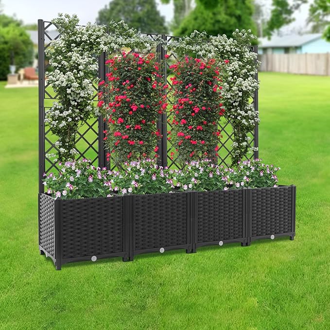 4 PCS Plastic Plant Box with Metal Trellis Raised Garden Bed with Trellis Planter for Climbing Plant Metal Planter Box with Privacy Screen for Backyard Patio
