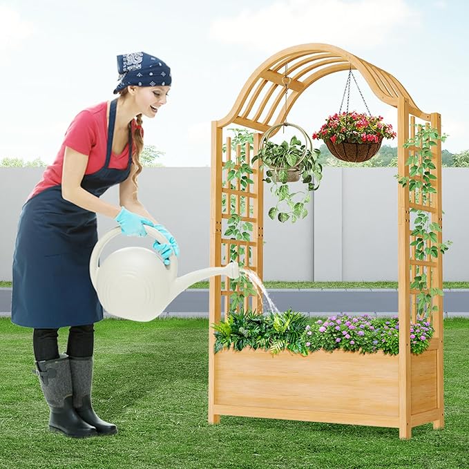 DoCred Raised Garden Bed with Trellis Freestanding Wood Planter Box with Hanging Roof Side Trellis Above Ground Elevated Garden Bed Outdoor Planter with Arch Trellis for Climbing Plants Vines Patio