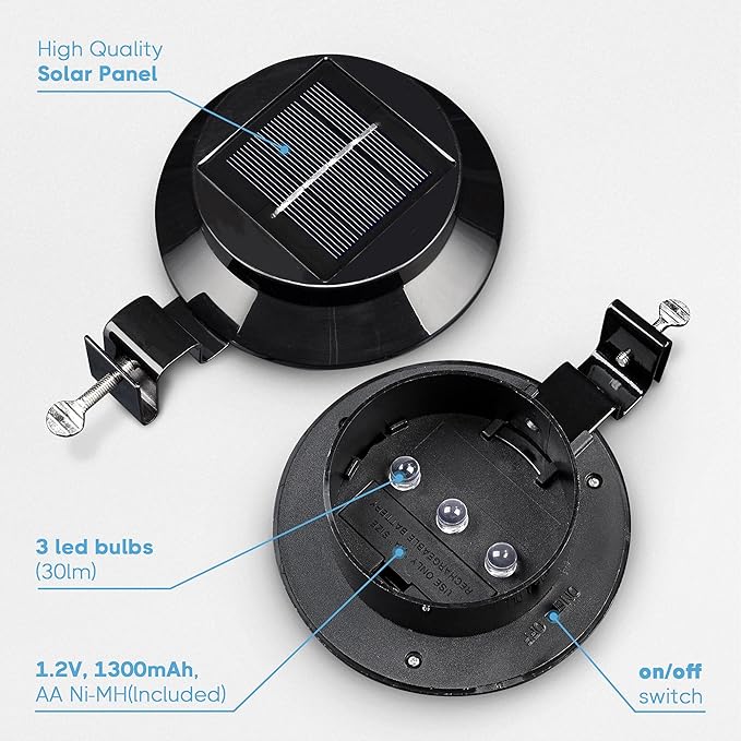 Yescom Solar Gutter Light Outdoor Waterproof 3 LED Deck Fence Lights with Bracket Wall Garden Stair Yard Black 6Pcs