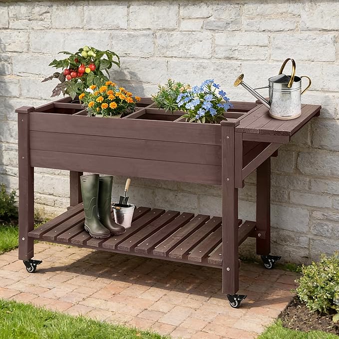 Raised Garden Bed Outdoor with Wheels 52.7 Elevated Wooden Garden Bed with 8 Planter Boxes Removable Dividers Storage Shelf Standing Mobile Planter with Non-Woven Liner