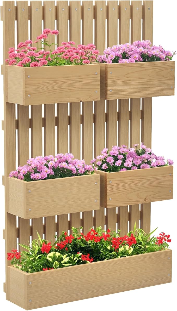 Outsunny 5 Box Raised Garden Bed with Trellis for Vine Flowers &amp Climbing Plants 39 Tall Wall-Mounted Wood Planter Box Set with Adjustable Height Drainage Hole Natural