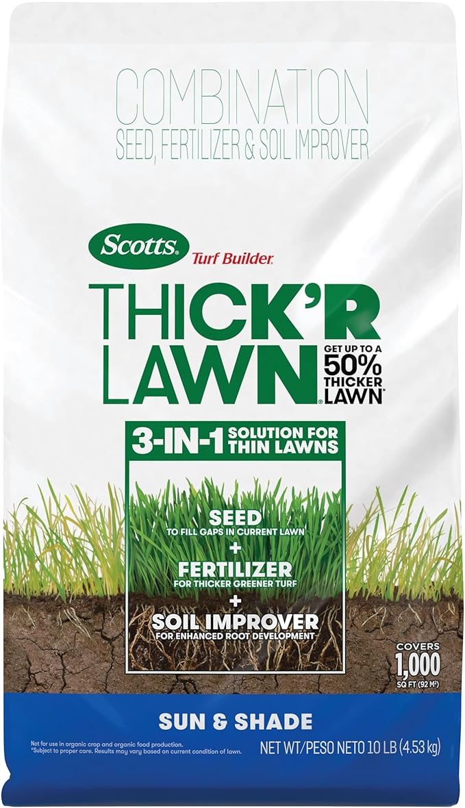 Scotts Turf Builder Thick'R Lawn Sun and Shade Combination Seed Fertilizer and Soil Improver Thickens Thin Grass 10 lbs.