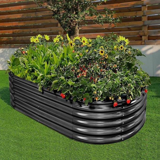 Land Guard 18“ Tall 4×2ft Galvanized Raised Garden Bed Kit Galvanized Planter Garden Boxes Outdoor Oval Large Metal Raised Garden Bed for Vegetables……… (Dark Grey 4×2×1.5ft)