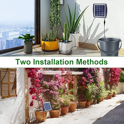 RISINGUP 49FT Solar Drip Irrigation System Auto Plant Watering Kit with Anti-Siphoning Device 750ml/min Flow with 2200mAh Battery for 15 Potted Plants Outdoor Garden Patio Balcony Greenhouse