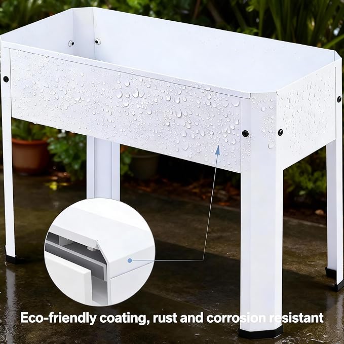 Raised Garden Bed with Legs 24×10.8×18 in Metal Elevated Raised Planter Box with Drainage Holes for Backyard Patio Balcony 80 lb Capacity - White