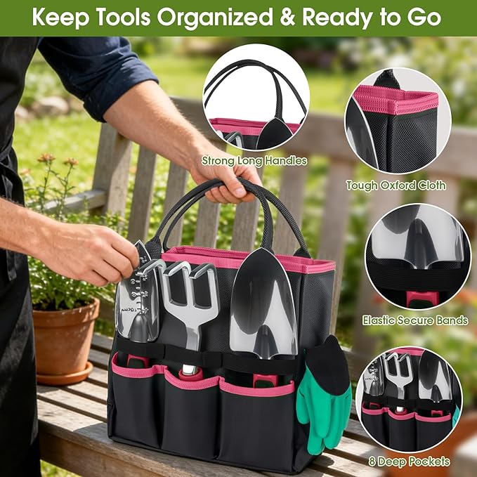 WOWBOX Garden Tools Set - 10 PCS Heavy Duty Gardening Hand Tools Kit with Storage Tote Rust-Resistant Gardening Supplies for Planting with Non-Slip Ergonomic Handle for Women and Men (Red)