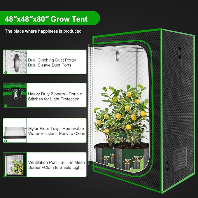 MELONFARM 4x4 Grow Tent 48x48x80'' High Reflective 600D Diamond Mylar Canvas with Observation Window and Floor Tray for Hydroponic Indoor Plant Growing