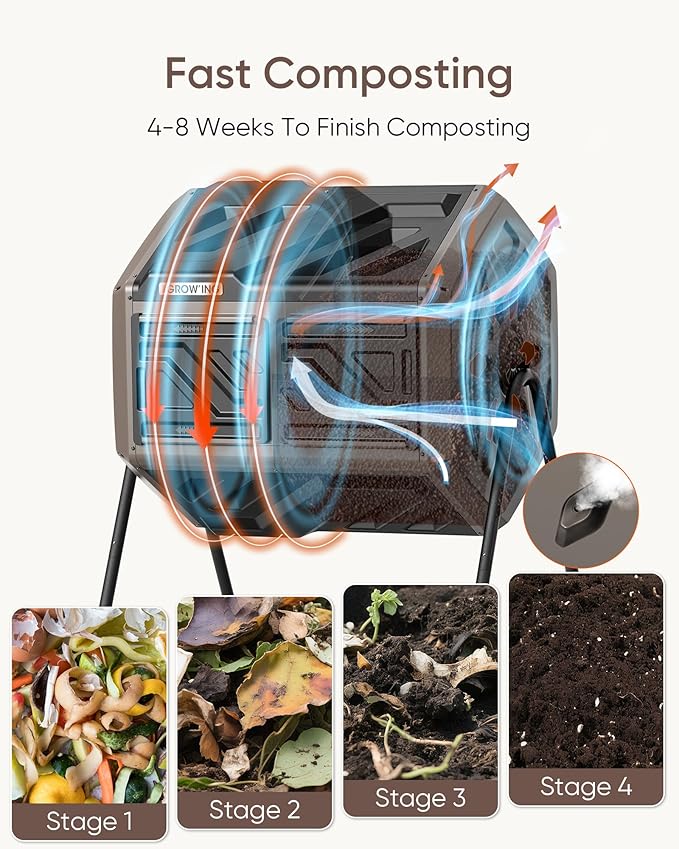 THEGROW'ING Updated 43 Gallon Compost Bin Outdoor Fast Assemble Tumbling Composter Dual Chamber Composter Tumbler Rotating Compost Bin for Outside Backyard Garden and Yard Coffee