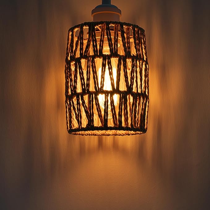AUTO Plant Growing Lamp Adjustable Height J-Type Track Light PendantsBrown Bohemian Hollow-Carved Designed Rattan Shade with 24 H Timer for Indoor Planting Kitchen Green House