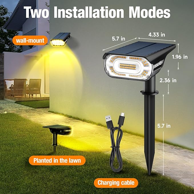 2 Pack Solar Spot Lights Outdoor 1000 Lumens 64 LEDs IP67 Waterproof Landscape Lighting with 4 Modes - 2-in-1 Solar Spotlight &amp Pathway Light for Garden Yard Patio Decor Warm White