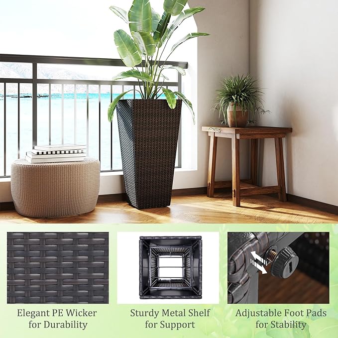 Giantex Set of 2 Outdoor Wicker Flower Pot 30 Inch Tall Planters with Drainage System PE Rattan Flower Pots Indoor Outdoor Decoration for Front Porch Balcony Entryway Dark Brown