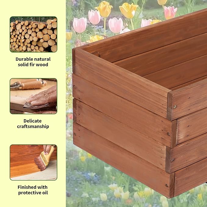Wooden Planter Box 47.24 x 15.75 x 12.6 – Fir Wood Raised Garden Bed for Vegetables Herbs &amp Flowers Includes Fabric Planter Liner 4 Drainage Holes Water-Based Finish