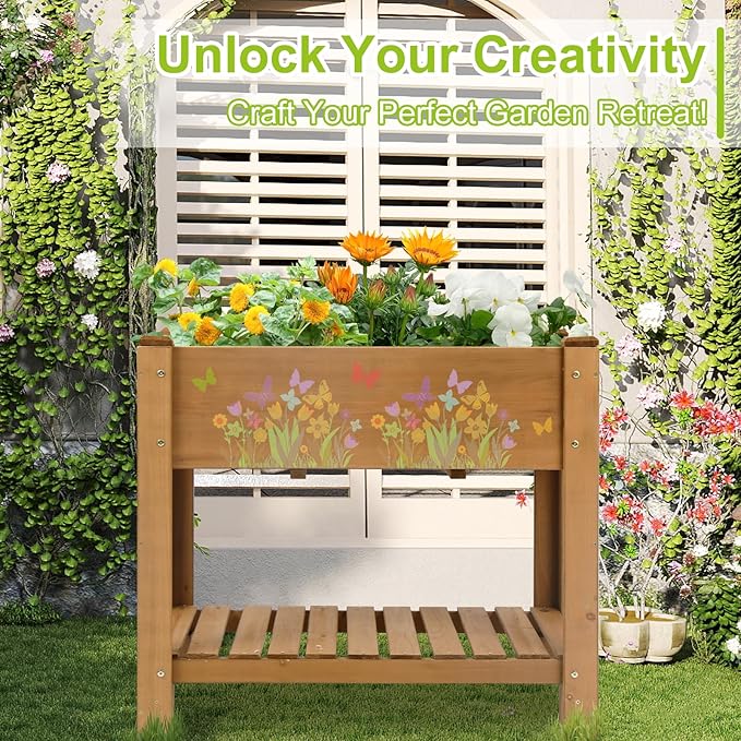 Raised Garden Bed with Legs - Elevated Wooden Planter Box Durable Fir Wood Reinforced Frame with Drainage Holes Liner and Storage Shelf for Vegetables Herbs Flowers 33.5 x 18 x 30
